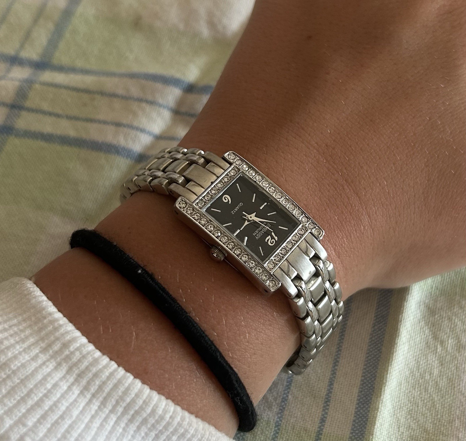 Gruen Embassy Quartz Women’s Rectangular Black Dial Gem-Set Bezel Steel