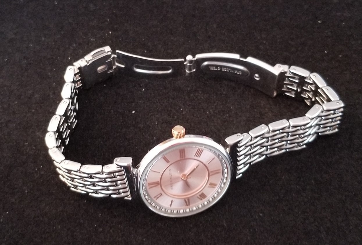 Anne Klein Silver Tone Watch Rose Dial AK/2591 Link Band 6.75″ Max Size New Batt
