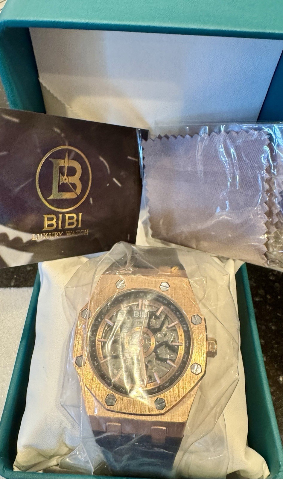 BIBI Skeleton Automatic Watch Rose Gold Black Silicone Strap 41.5mm New Box
