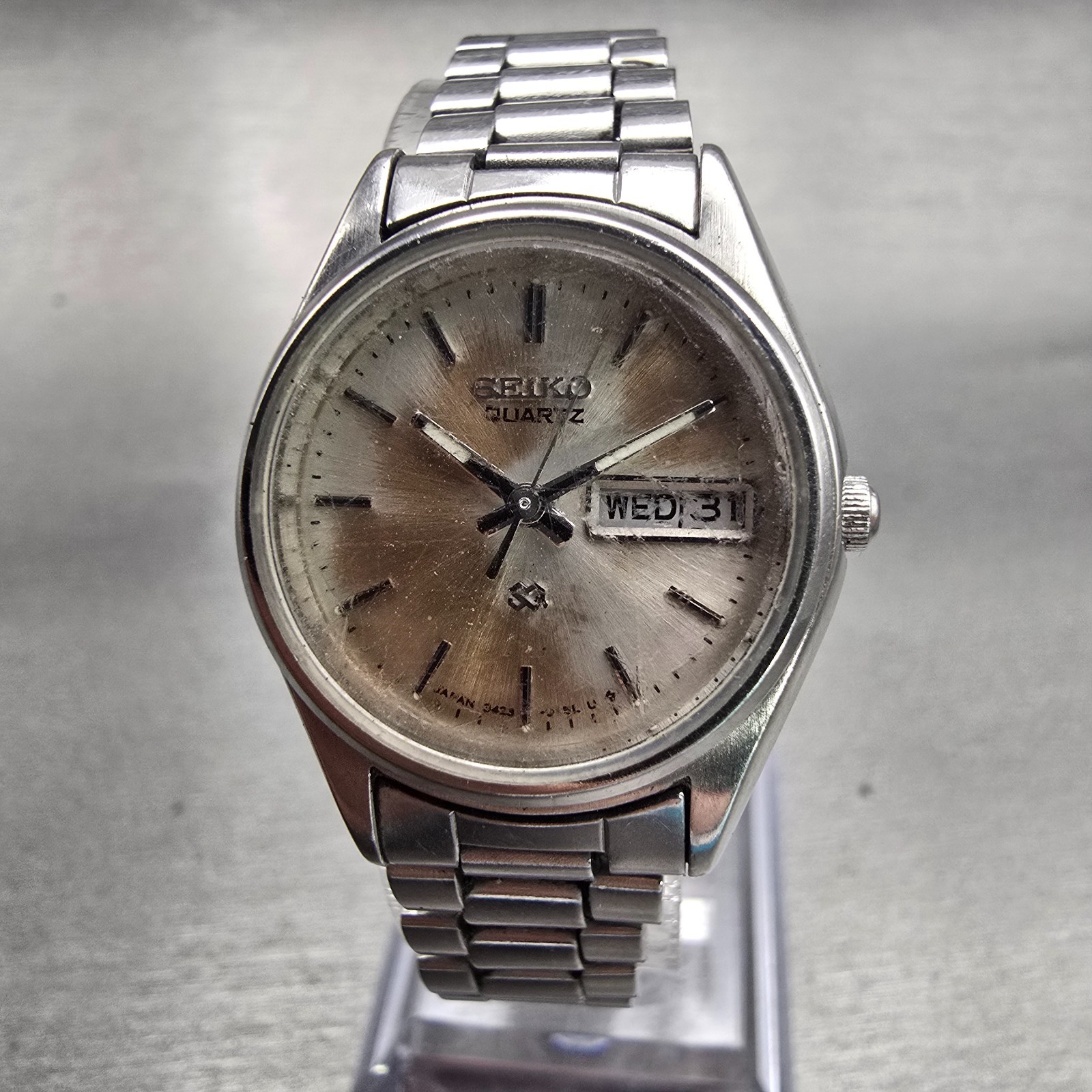 Seiko SQ Watch Women 24mm Bronze Dial Silver Tone Daydate 3423-0099 New Battery
