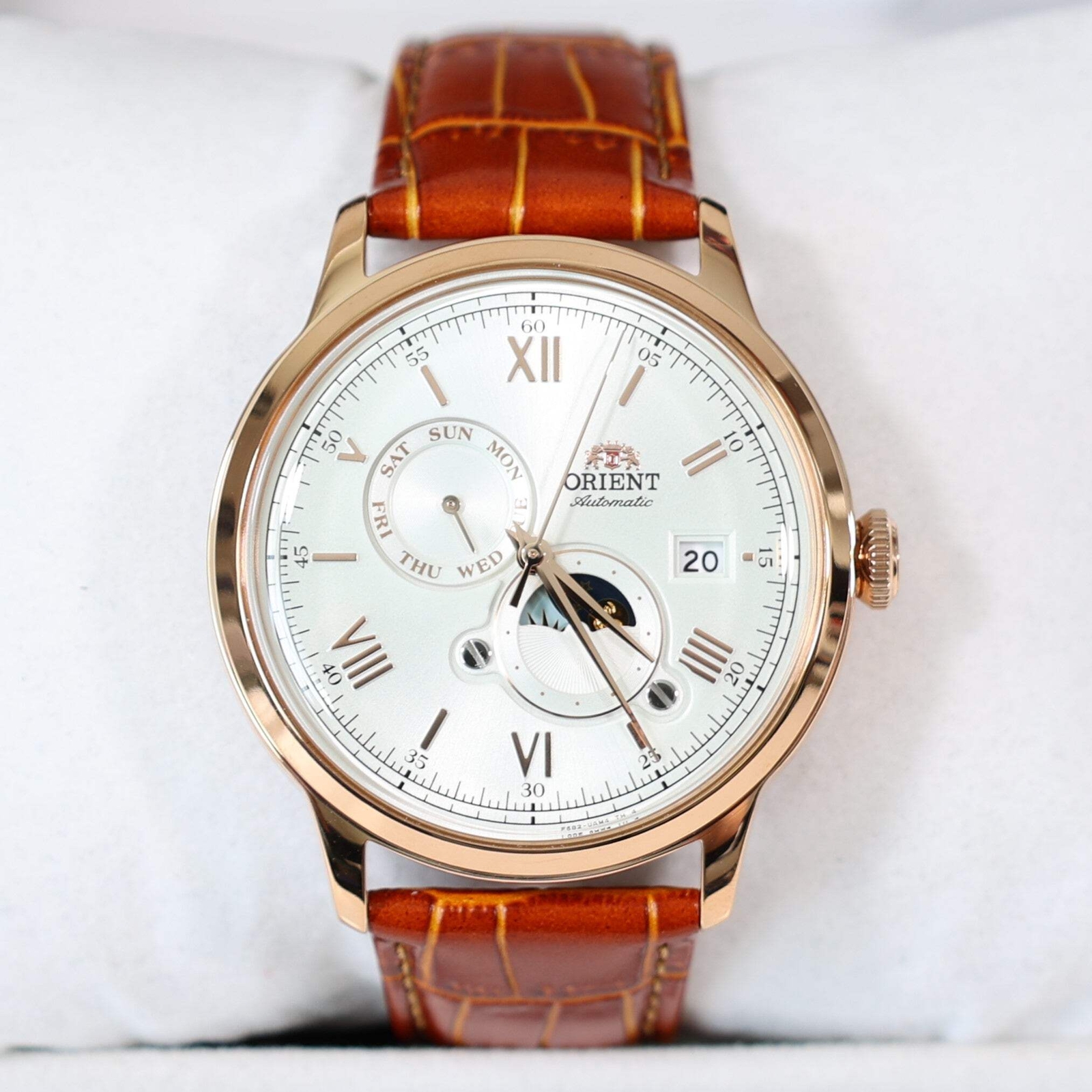 Orient Sun and Moon White Dial Men’s Automatic Rose Gold Tone Watch RA-AK0801S30