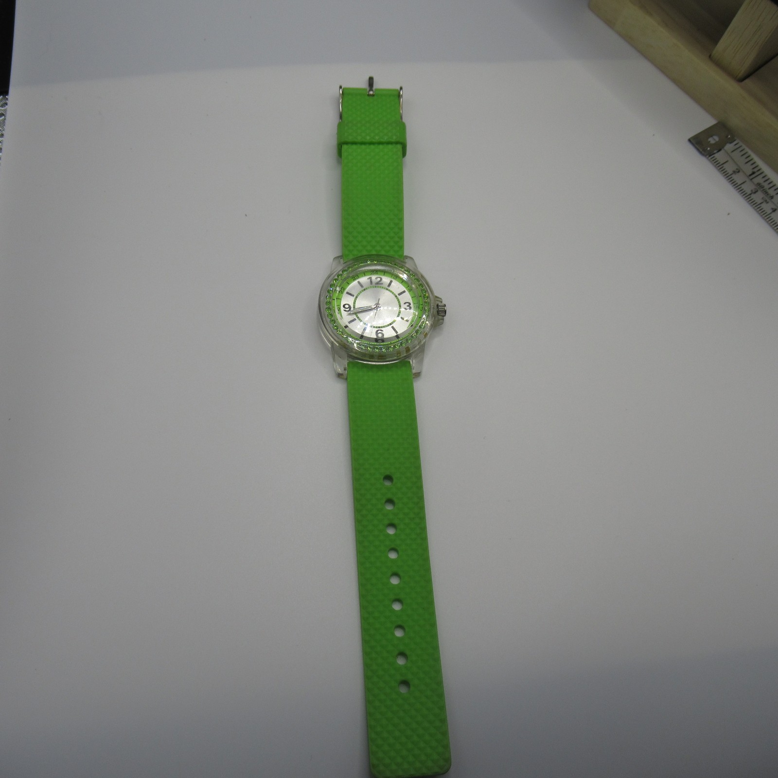 Neon Green Rubber Band Wristwatch Clear Case Silver Dial Japan Movt Fun Watch