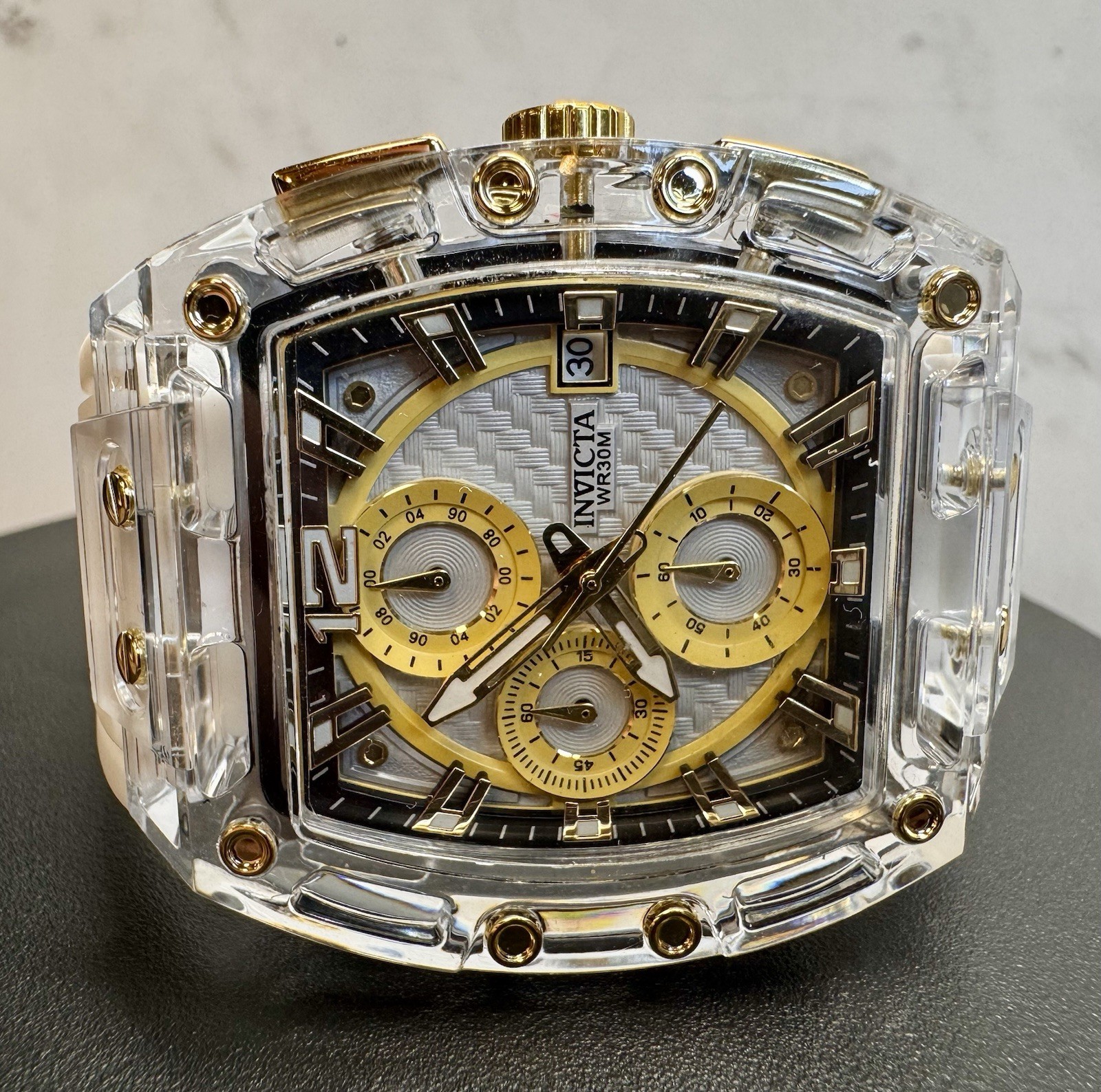 Invicta S1 Rally Allogrip 70147 42mm Clear/Gold Case White Strap Chronograph NIB