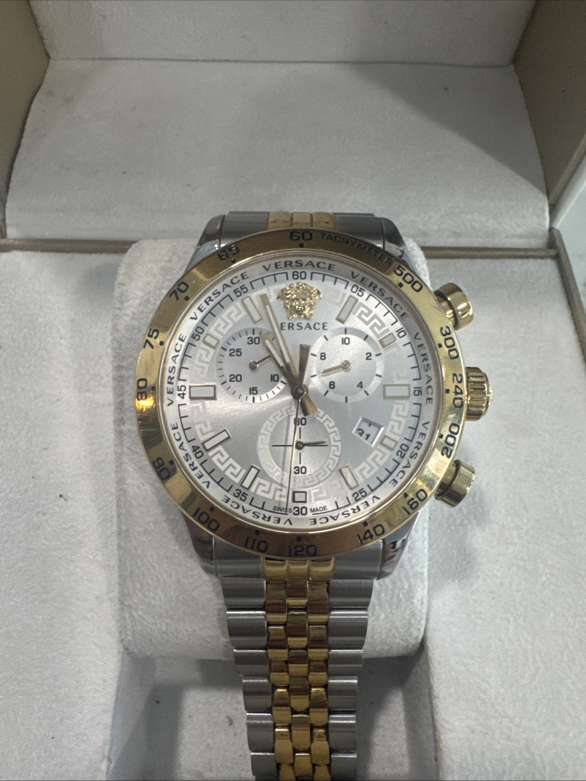 Versace VE2U00422 Hellenyium Chrono white silver gold Steel Men’s Watch NEW