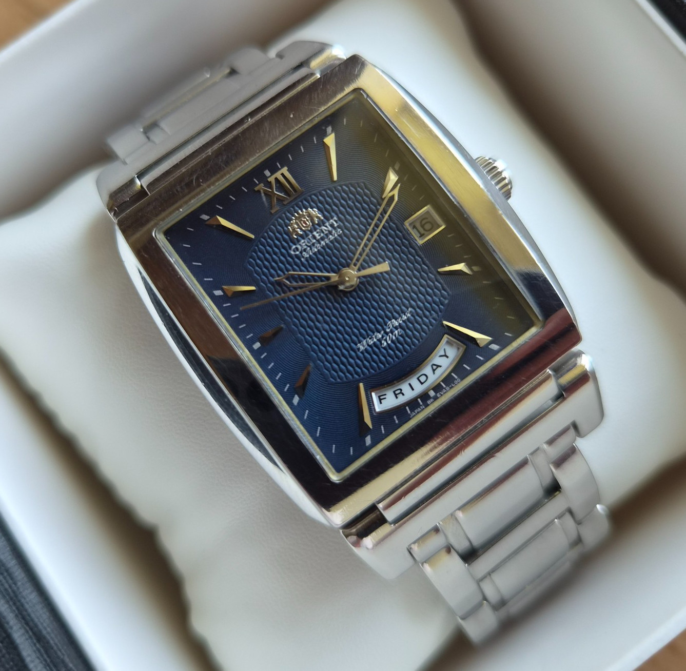 Orient President square watch Day date Automatic mechanical Japan blue watch