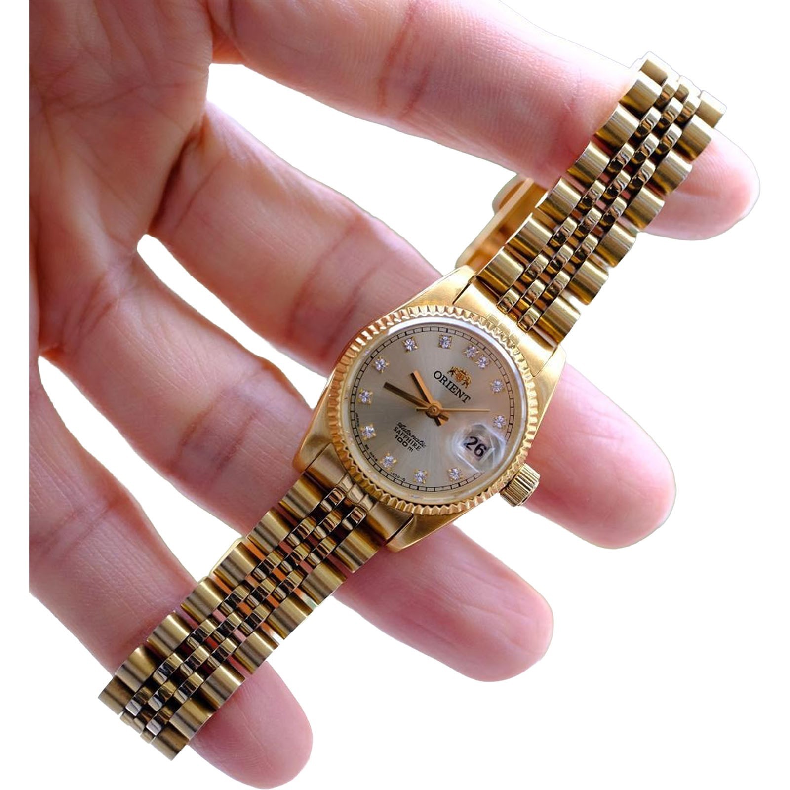 ORIENT President Automatic Ladies Gold Tone Sapphire Watch NR16 Day Date Auth JP