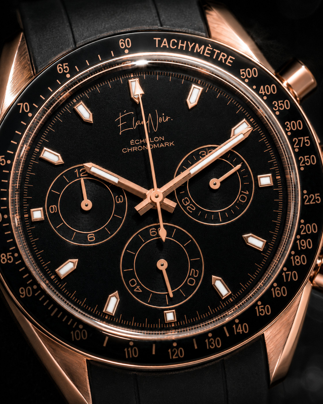 ÉlanNoir Chronograph Watch VK63 Black Dial Rose Case Sapphire Crystal Steel 40mm