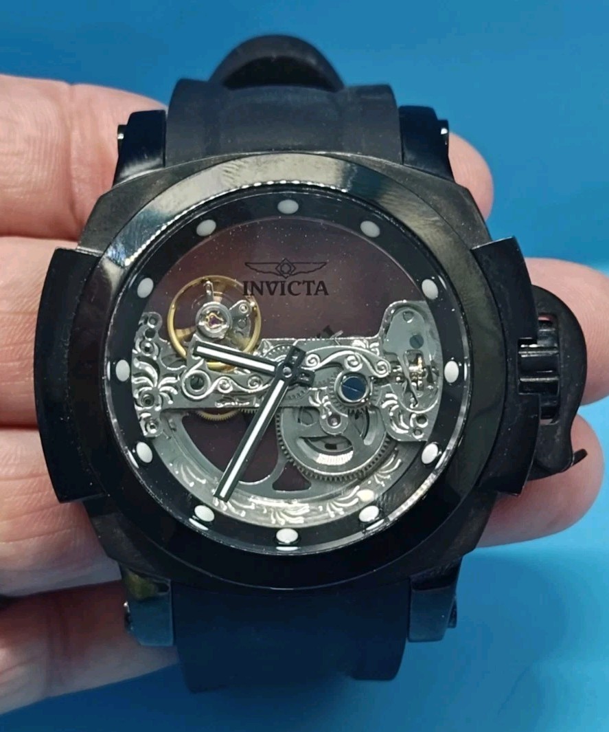 Invicta 53mm Man Of War Ghost Bridge Skeleton Gloss Black Case And Strap