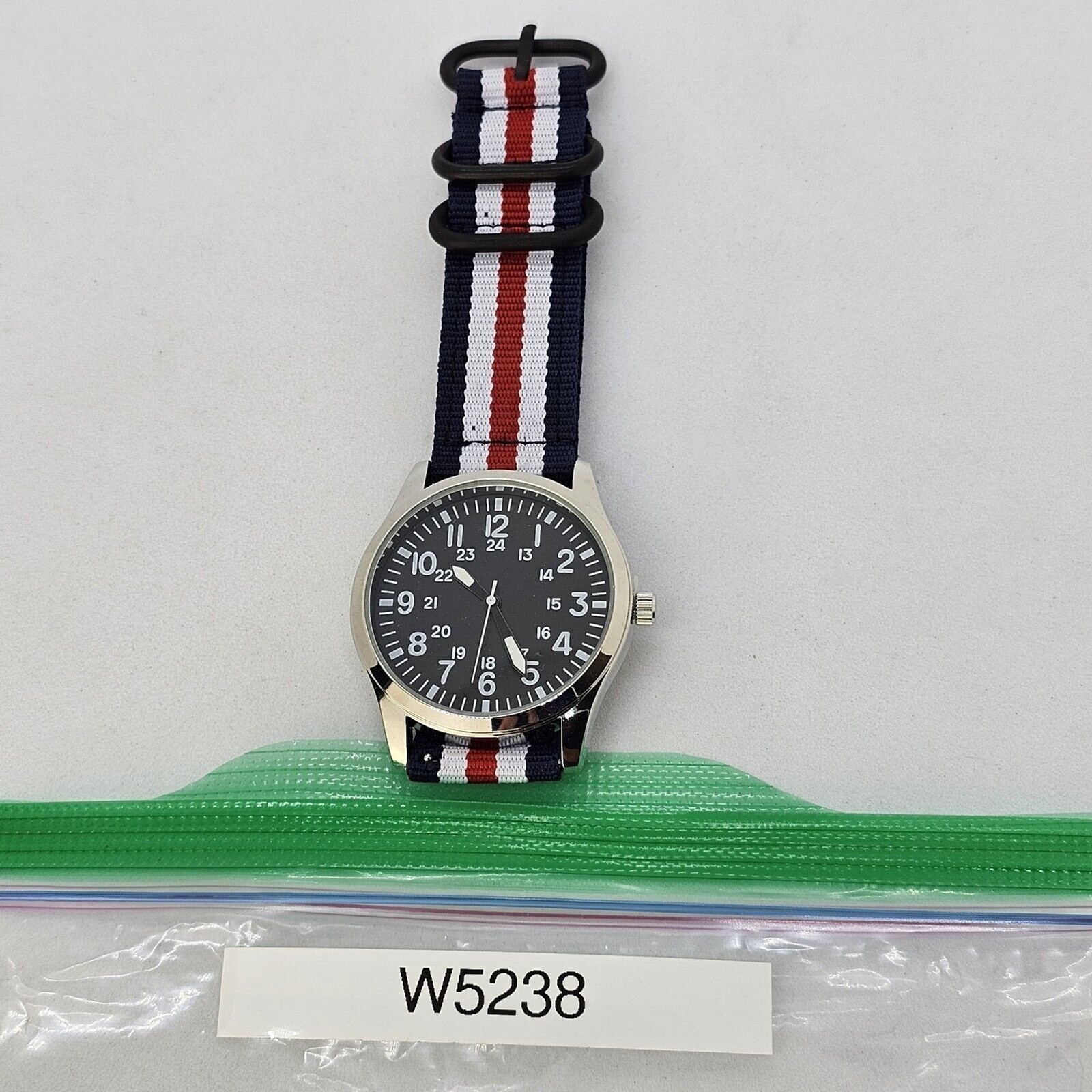 Men’s Field Military Watch 42MM Black Dial Blue White Red Canvas Band Straps