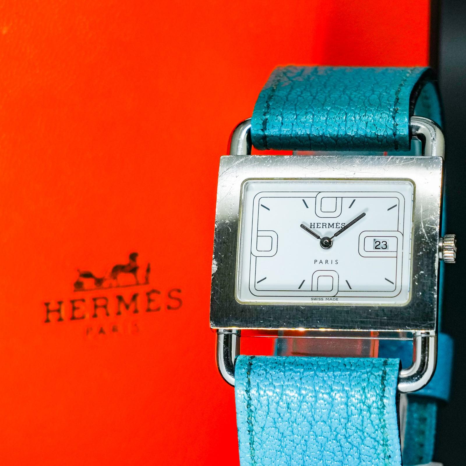 Vintage HERMES Barenia BA1.510 White Dial Date Square Quartz Unisex Adults