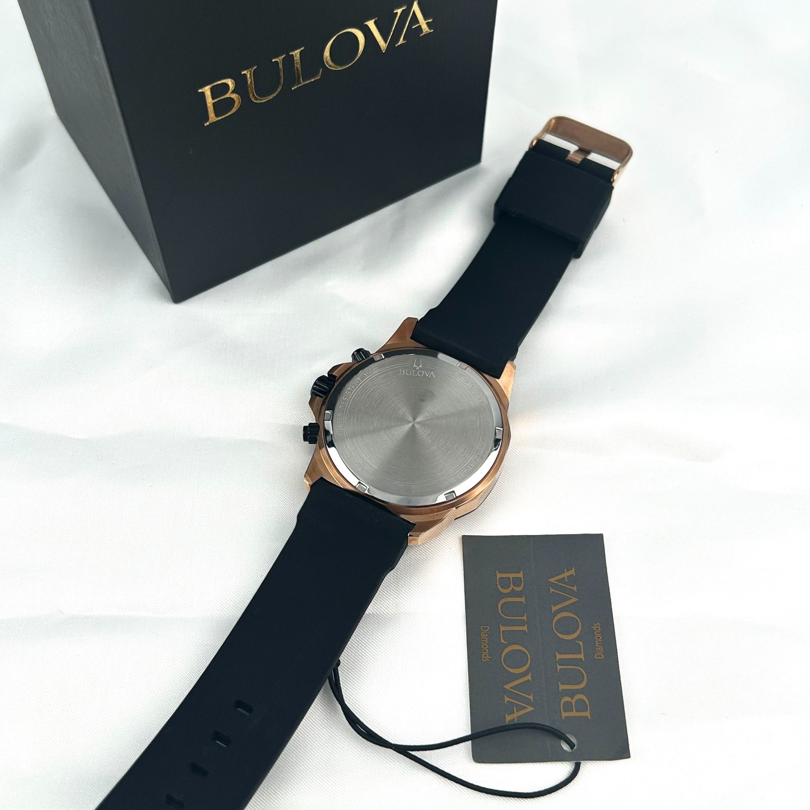 New w/box/Bulova Men’s Marine Star 98B104 Black Dial Silicone Strap Quartz Watch
