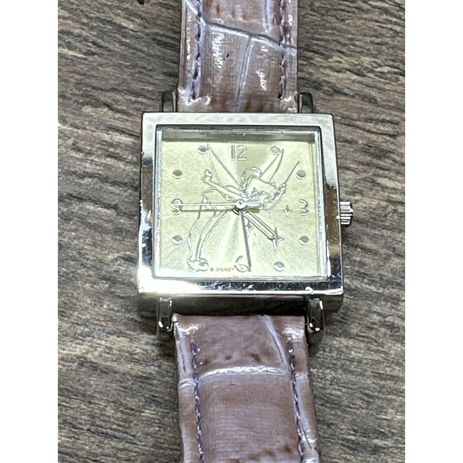 Disney Tinkerbell Watch Square Silver Tone Lavender Croc Strap Tinker Bell As Is