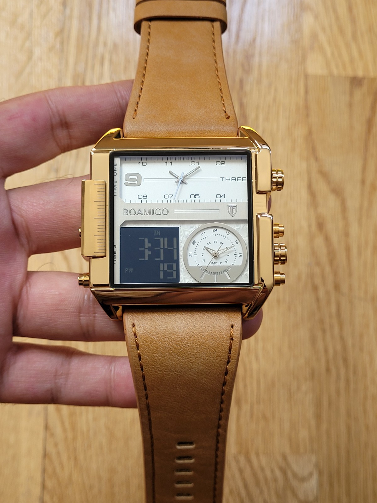 BOAMIGO Big Square Dial 3 TimeZone Stylish Watch For Men