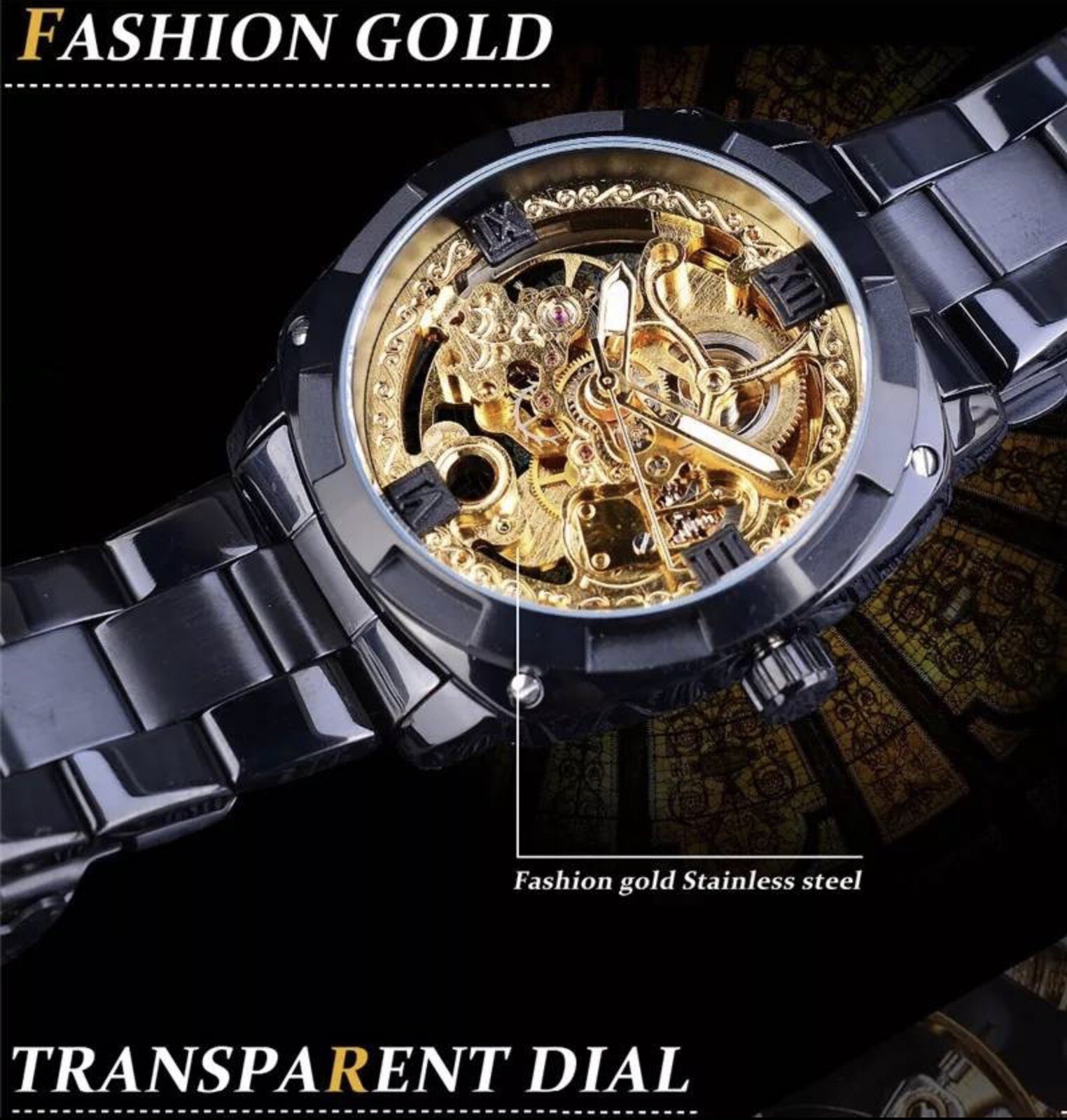 Forsining Mens Skeleton Mechanical Waterproof Luxury Watch Gold Gift Idea
