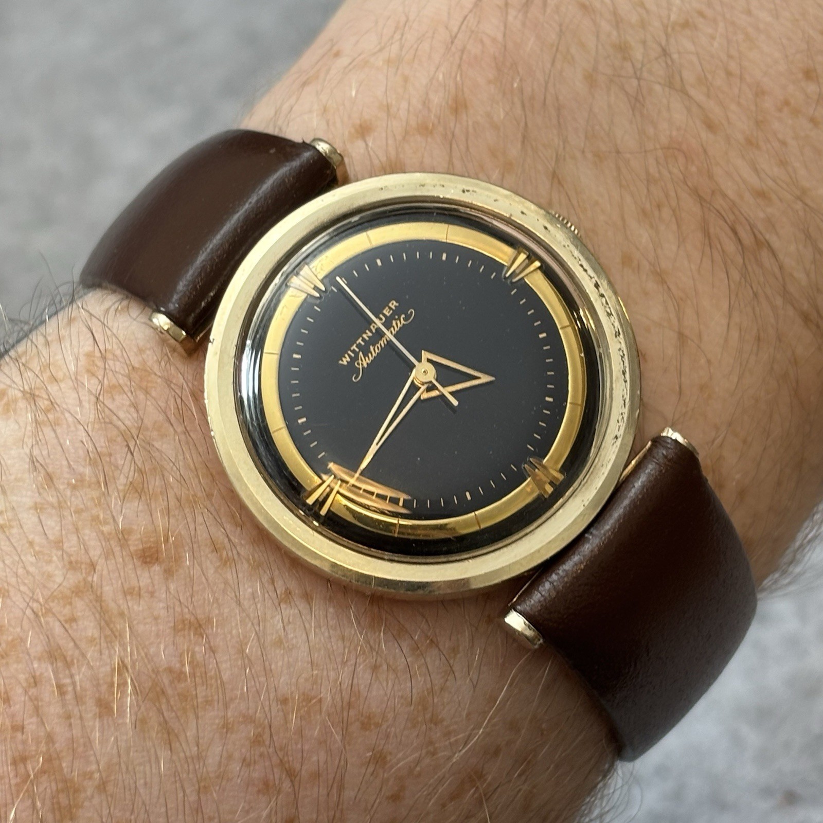 Vintage Wittnauer Automatic Watch 34mm Black Dial Triangle Hands GF – Serviced