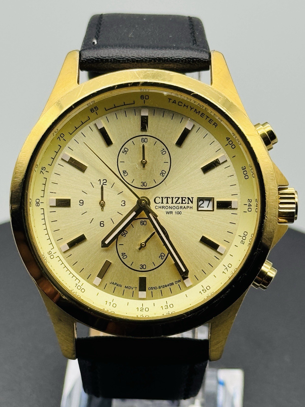 Citizen Chronograph Watch Gold Tone Tachymeter WR100 Date Leather 0510-S086051