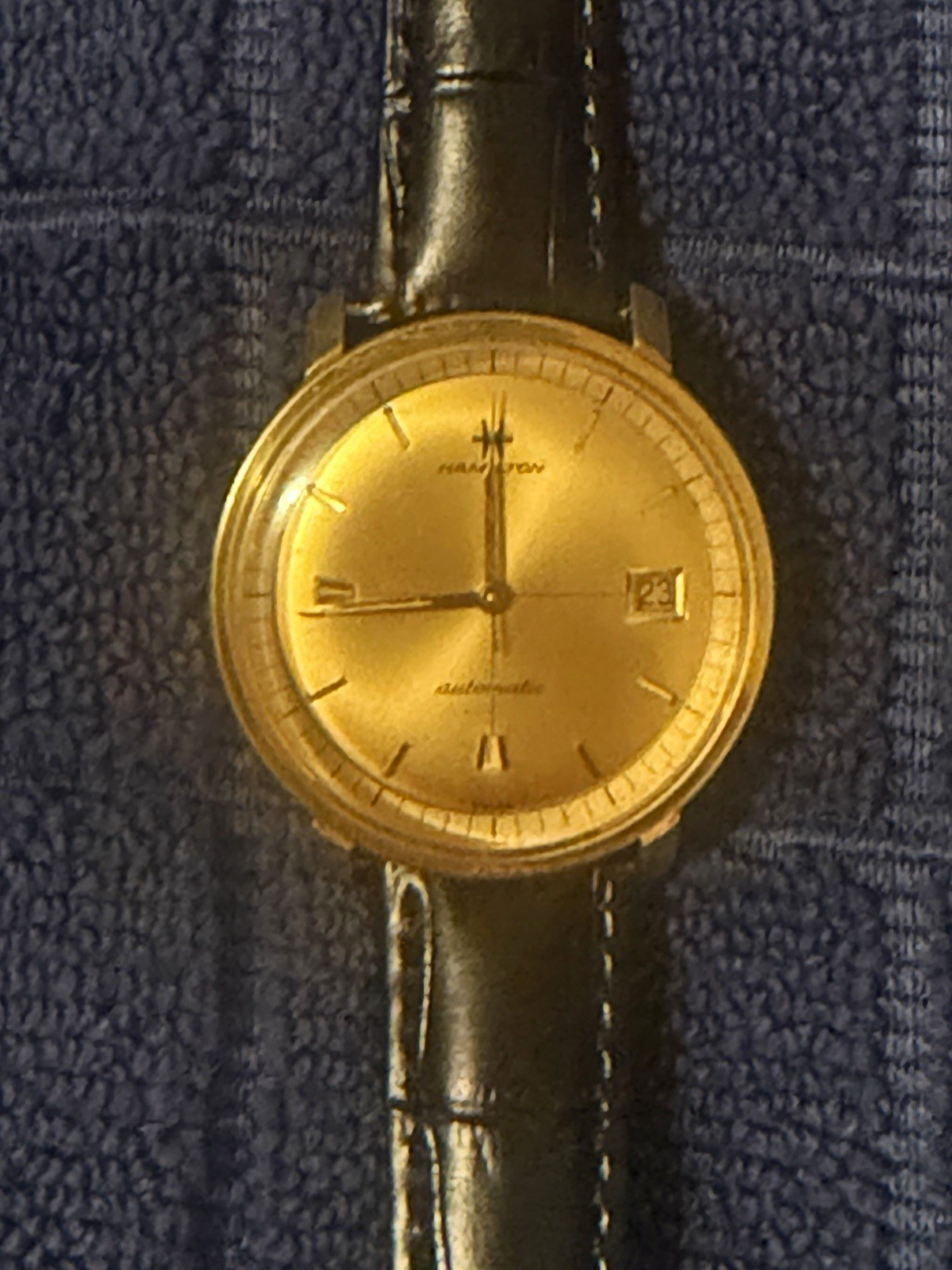 Hamilton Automatic Mechanical Watch Gold Dial Date Black Leather Strap