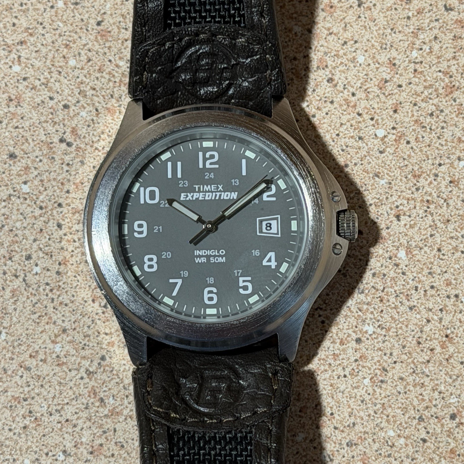 Timex Expedition Quartz Watch Indiglo Date Gray Dial Arabic Black Leather