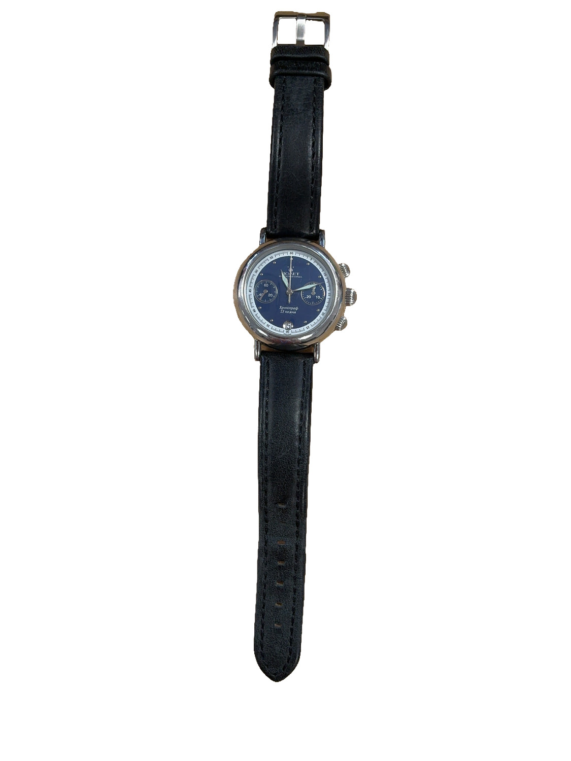 Vintage Poljot 3133 Model International Round Chrono Blue Dial Mechanical Watch