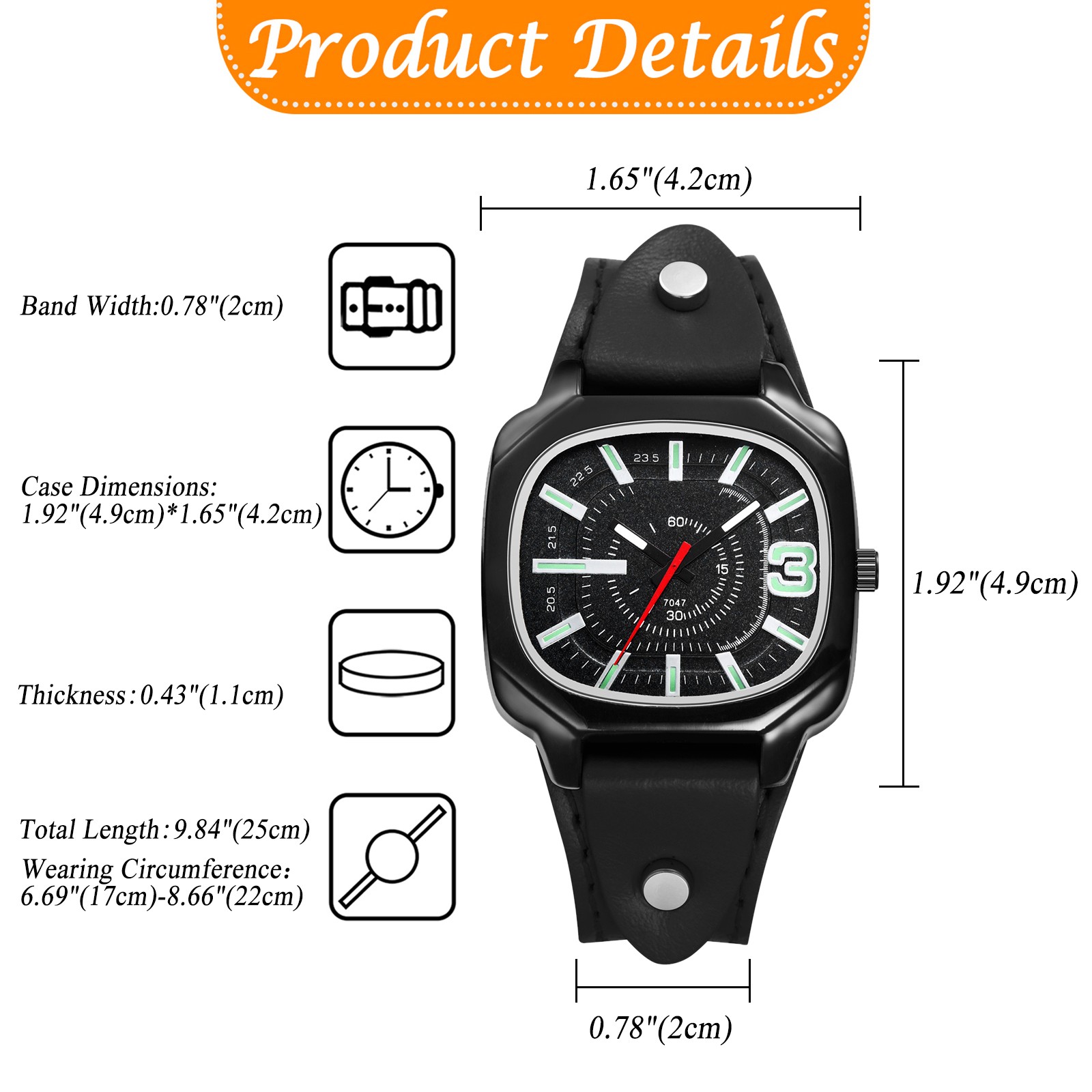 Men Women Punk Square Large Dial Quartz Wristwatch Genuine Leather Band Luminous