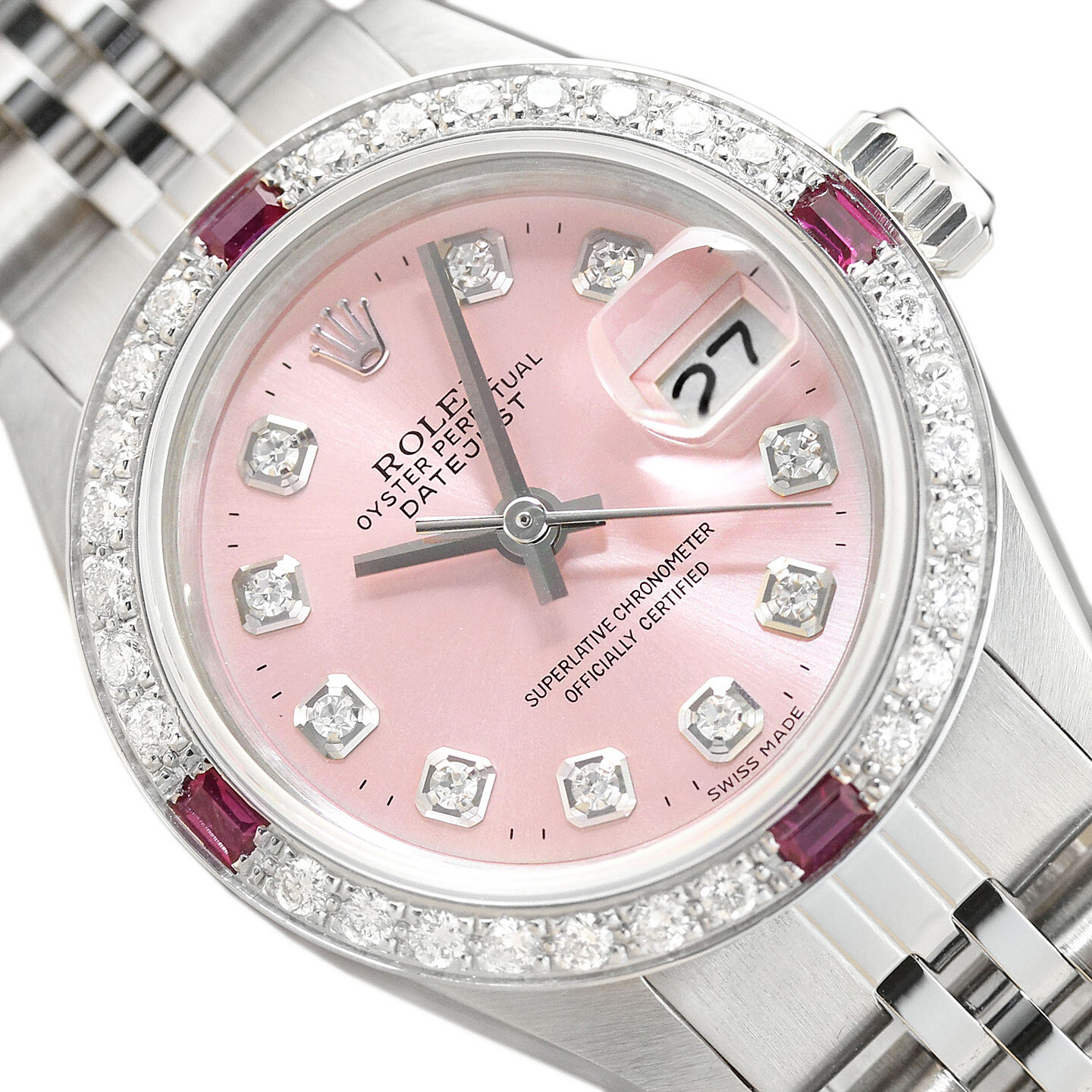 LADIES ROLEX DATEJUST 18K WHITE GOLD DIAMOND RUBY & STEEL PINK DIAL WATCH