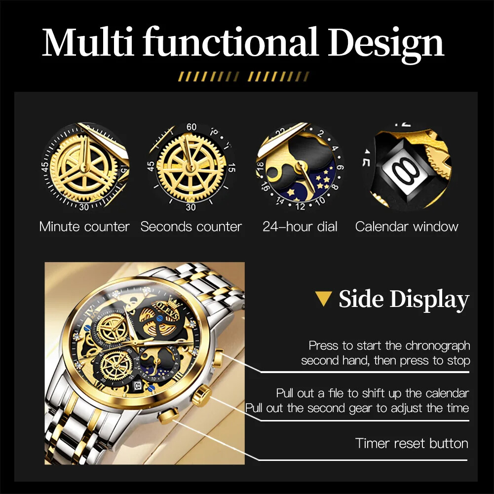 KC OLEVS Mens Watch Stainless Steel Business Wristwatch Date Luminous Quartz