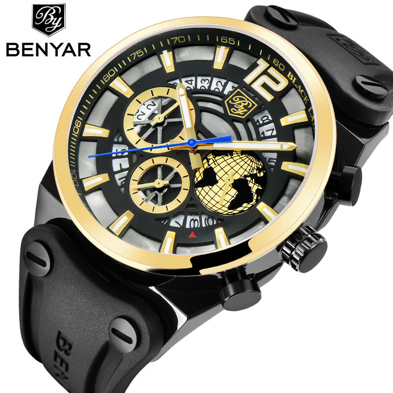 Luxury BENYAR 5141M Men Quartz Watch Chronograph Date Waterproof Rubber Leather