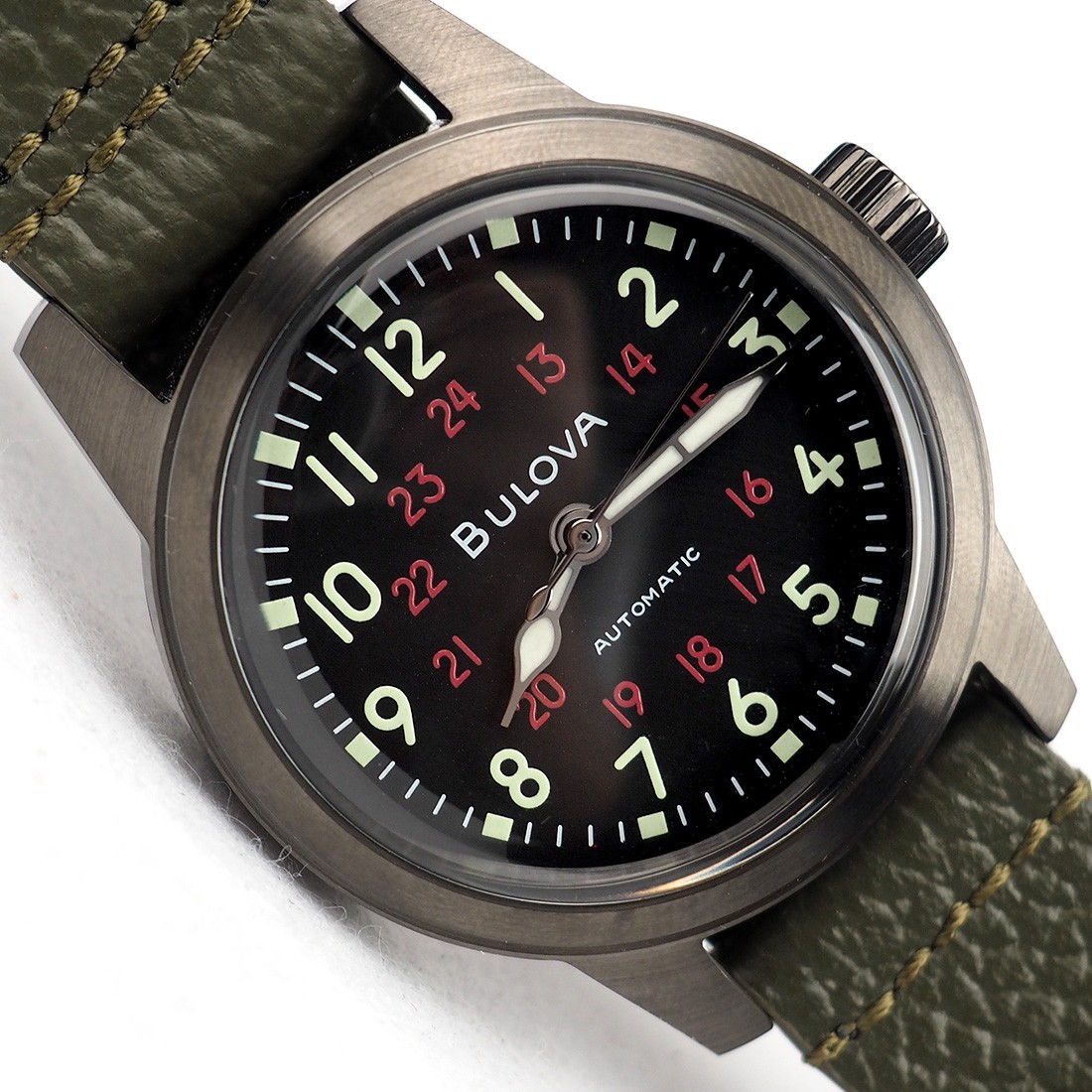Bulova Hack 98A255 Automatic Military Black Dial Leather Men’s Watch 38MM