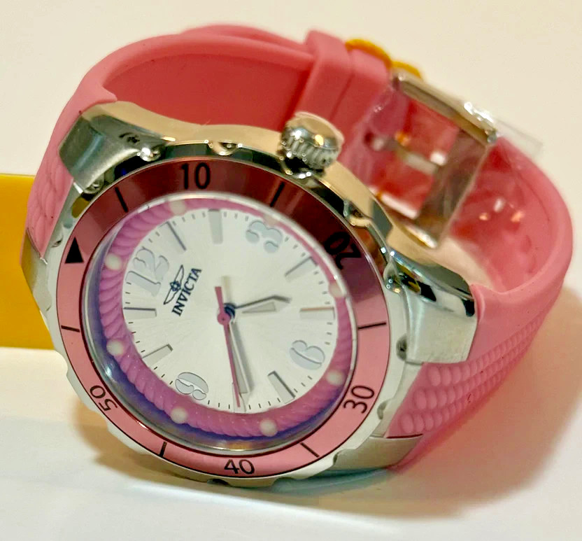 Invicta 17480 Angel Halo Women 38mm Silver Dial Pink Silicone Quartz Watch NEW