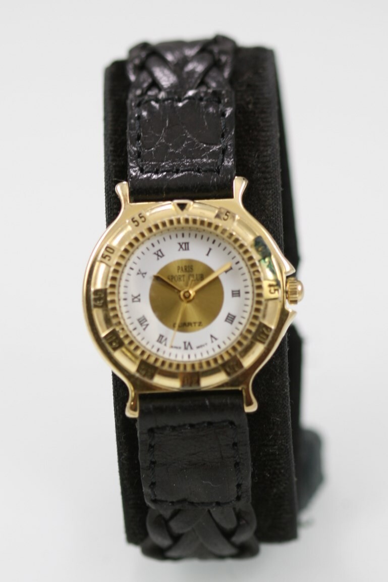 Paris Sport Club Watch Women Gold Stainless Steel WR Black Leather White Quartz