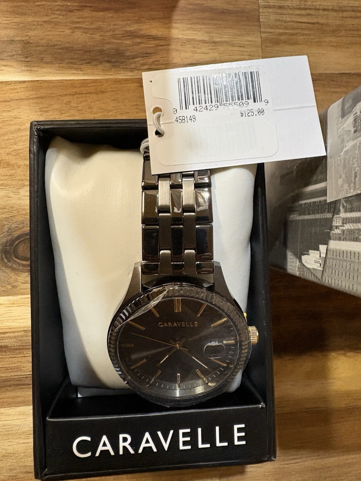Caravelle Men’s Quartz Analog Black Dial Gray Stainless Bracelet Date 42mm Box