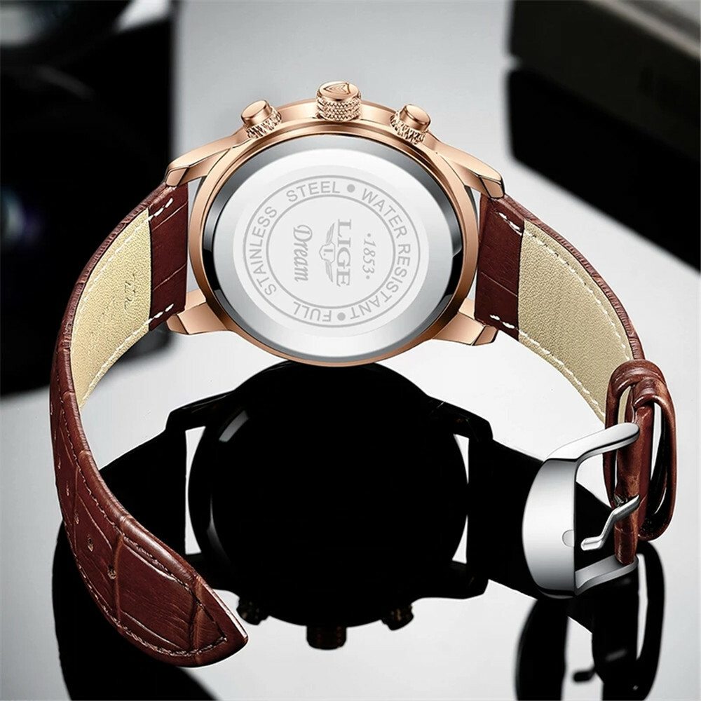 LIGE Men Watch Casual Brown Leather Wristwatch Business Male Calendar Watches