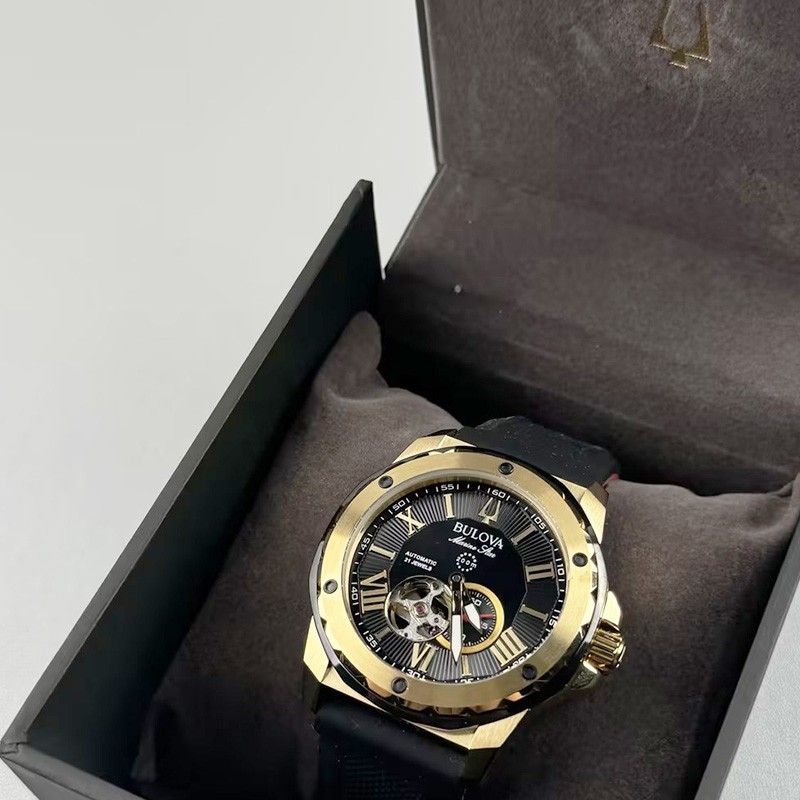 Bulova Marine Star 98A272 Automatic Men’s Watch Black Gold Dial Rubber Strap