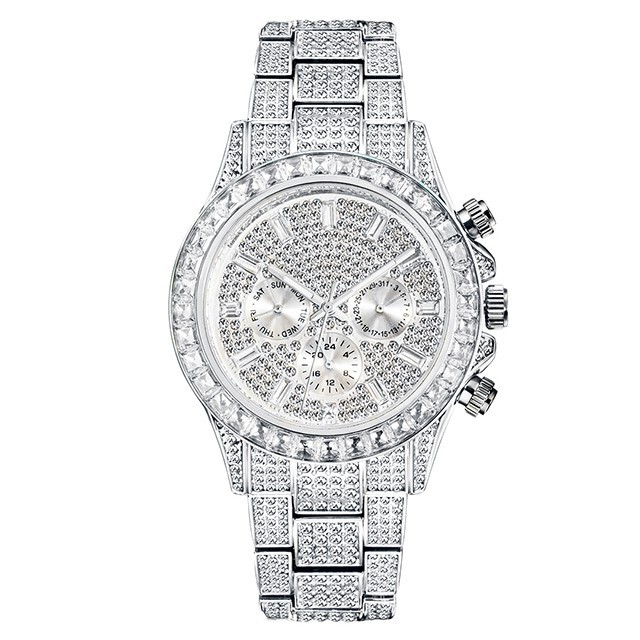 Hip Hop Luxury Silver Ice out Men’s Watch Iced King Bling Waterproof Cz Diamond