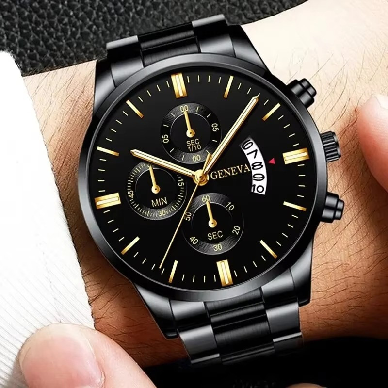 Fashion Men Stainless Steel Watch Luxury Calendar Quartz Wrist Watch 1pcs black