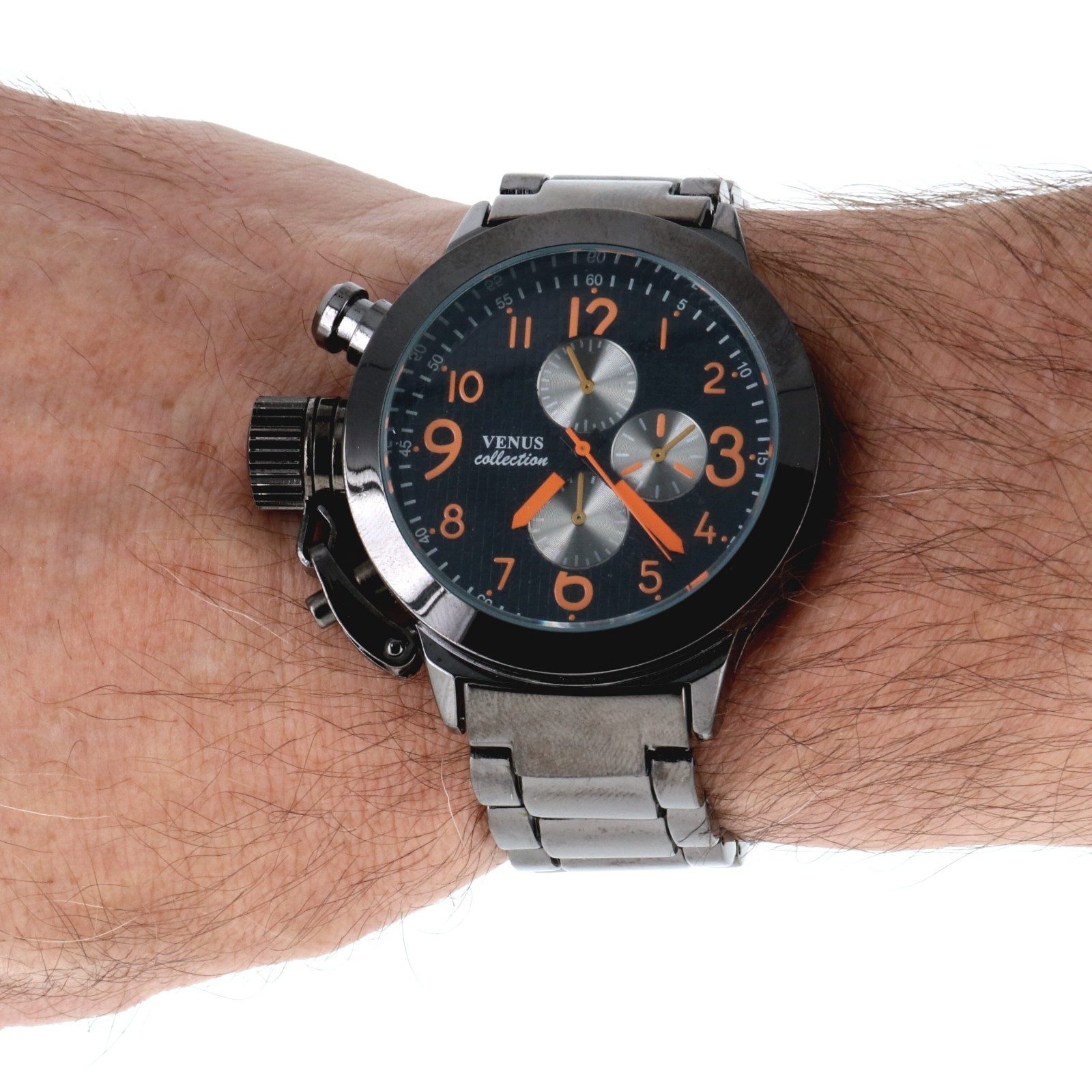 Venus collection Men’s Oversize Watch & Crown Black Finish Metal Band 46mm