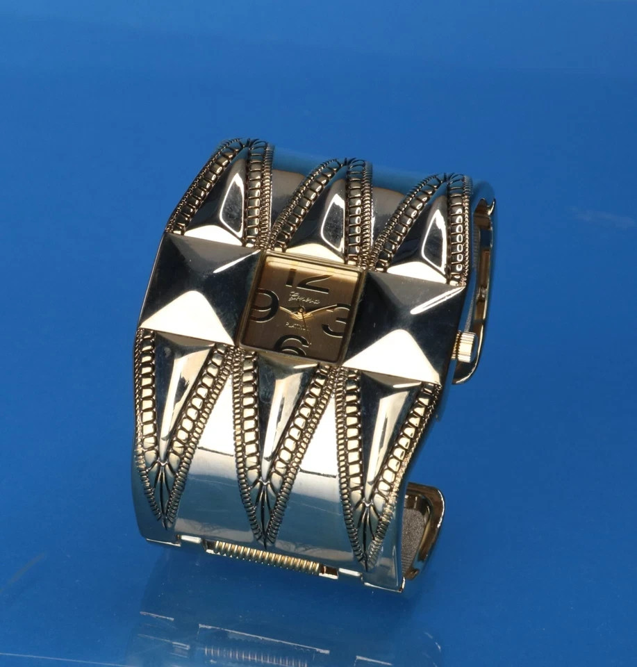 Women Designer Style Gold Finish Fashion Wide Bangle Cuff Fashion Watch