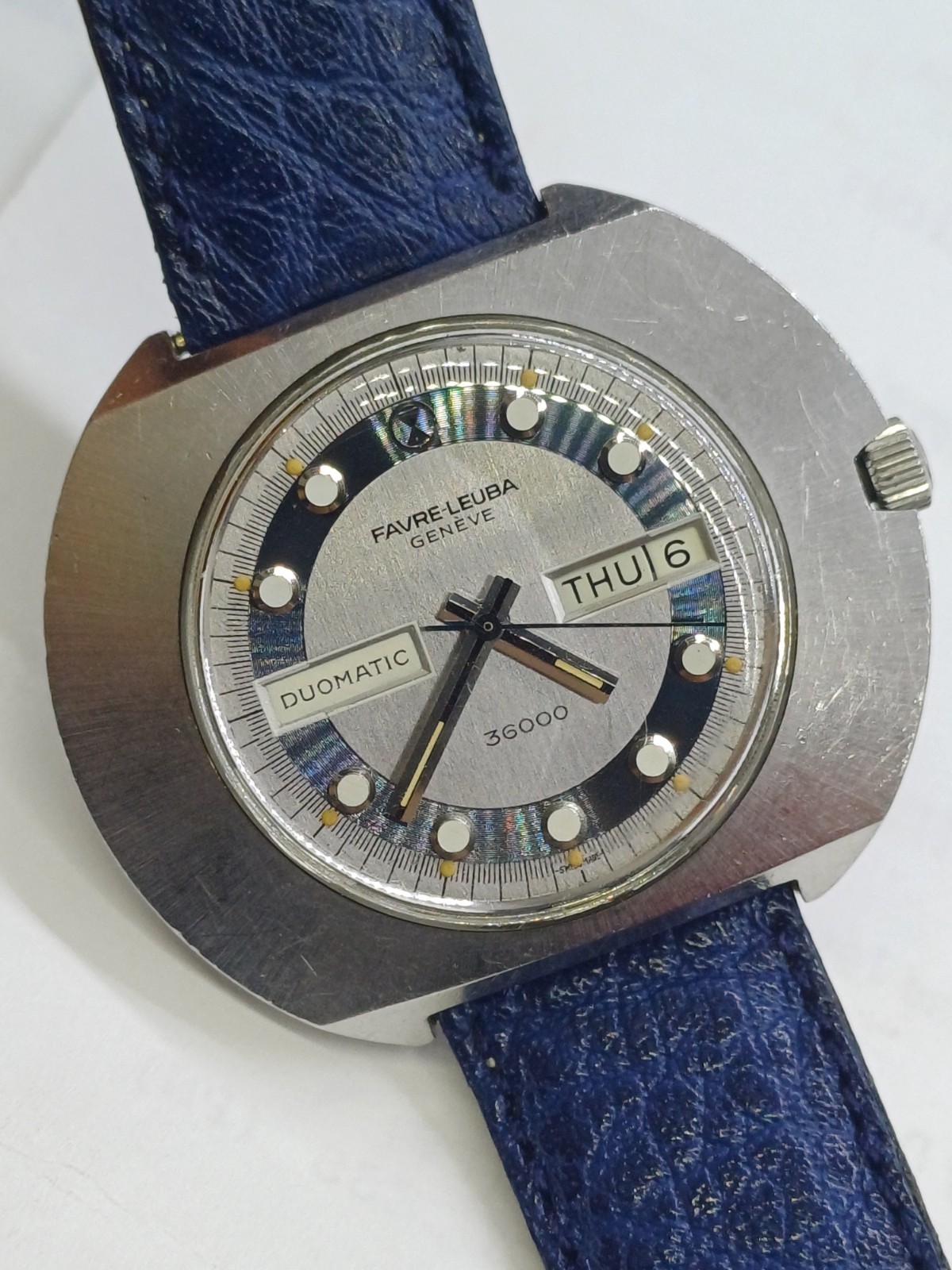 RARE FAVRE LEUBA 36000 HIGH BEAT UFO DUOMATIC MENS BLUE AUTOMATIC WATCH 45MM 21J