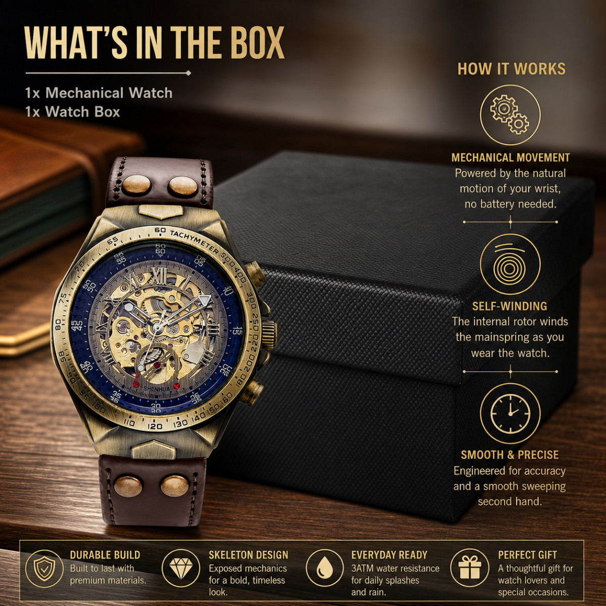 Men’s Luxury Automatic Mechanical Watch Skeleton Dial Leather Strap Retro