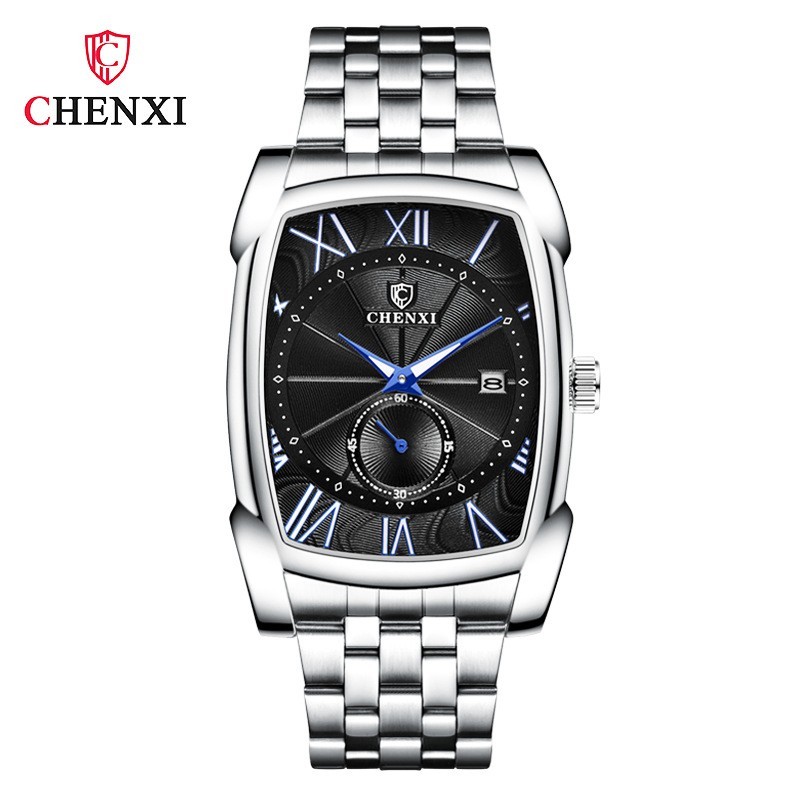 CHENXI Men’s Stainless Steel Rectangle Luminous Business Calendar Quartz Watch