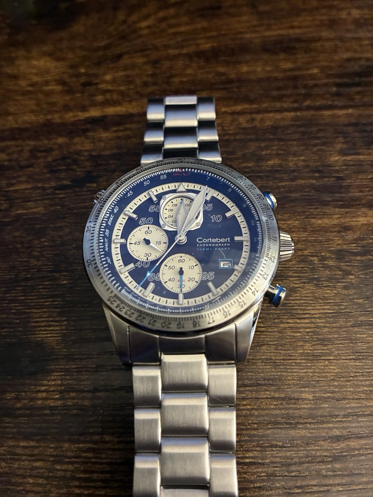 Cortébert Elevation Chronograph Quartz Date Steel Blue Dial SS Bracelet