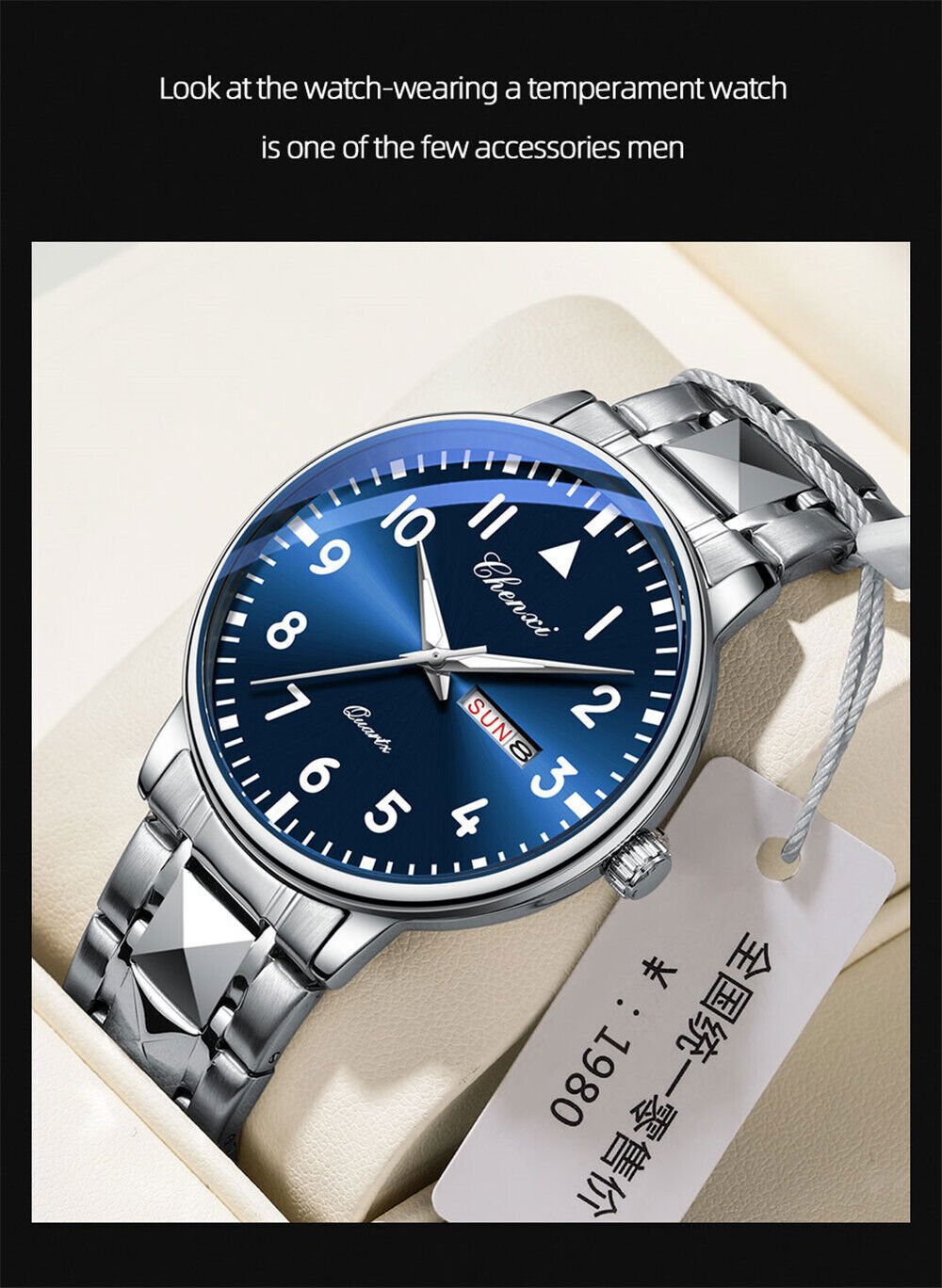 CHENXI Men Quartz Watch Calendar Week Display Wristwatch Male Steel White Watch