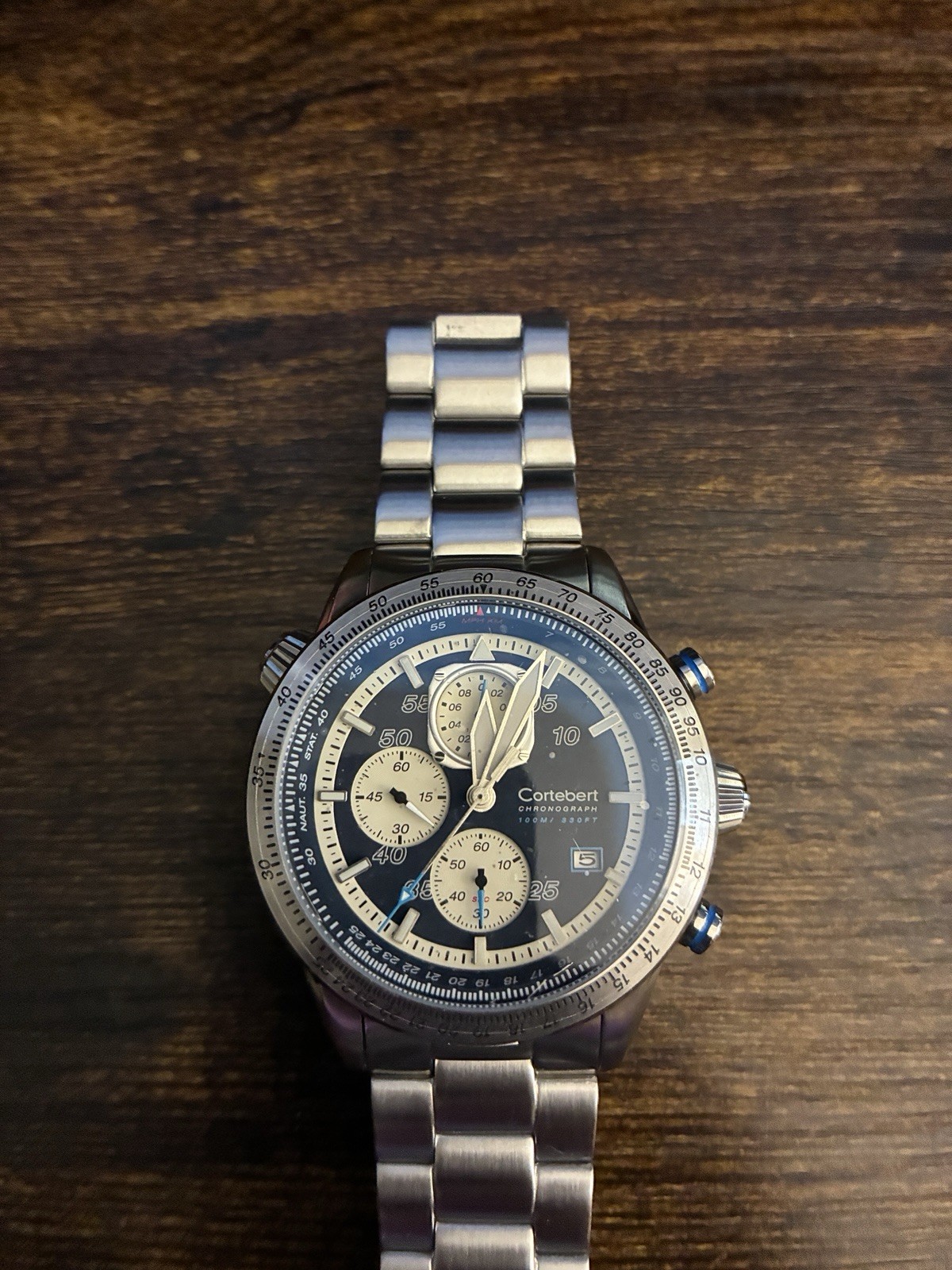 Cortébert Elevation Chronograph Quartz Date Steel Blue Dial SS Bracelet