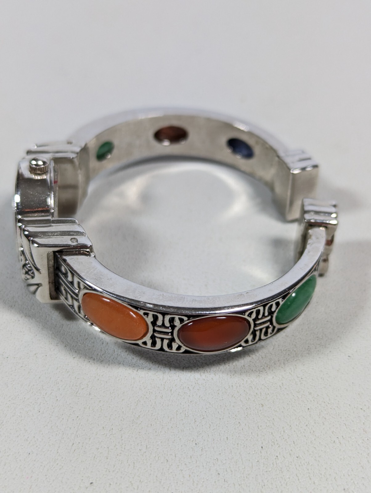 White Dial Silver Tone Multicolor Glass Bead Open Cuff Hinge Band Watch 6.5 Inch