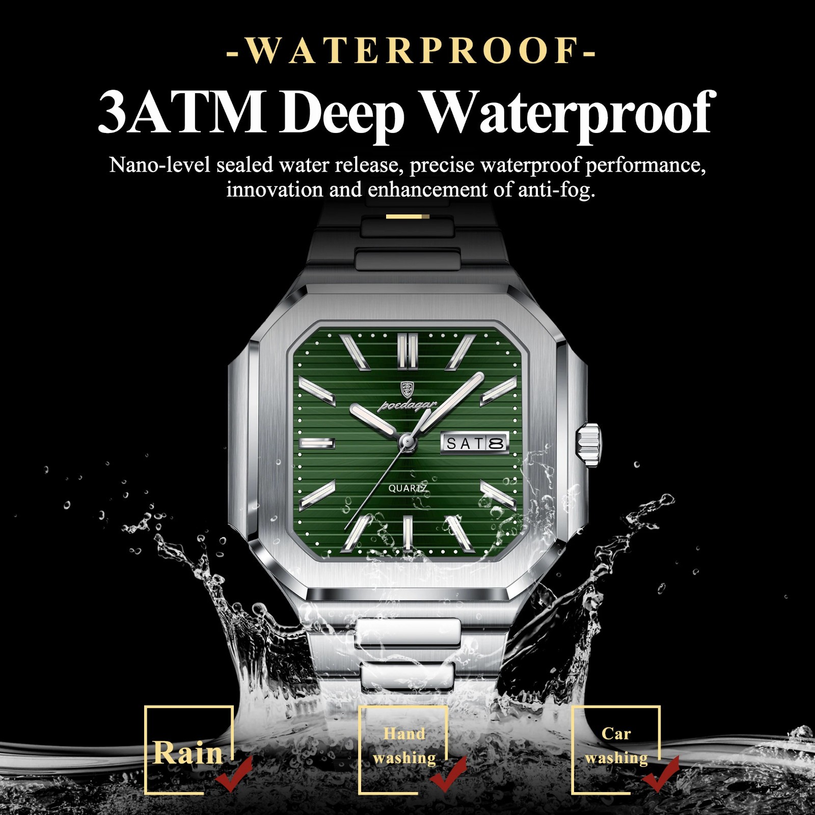 POEDAGAR Men’s Square Quartz Watch Stainless Steel Waterproof Luminous Day Date