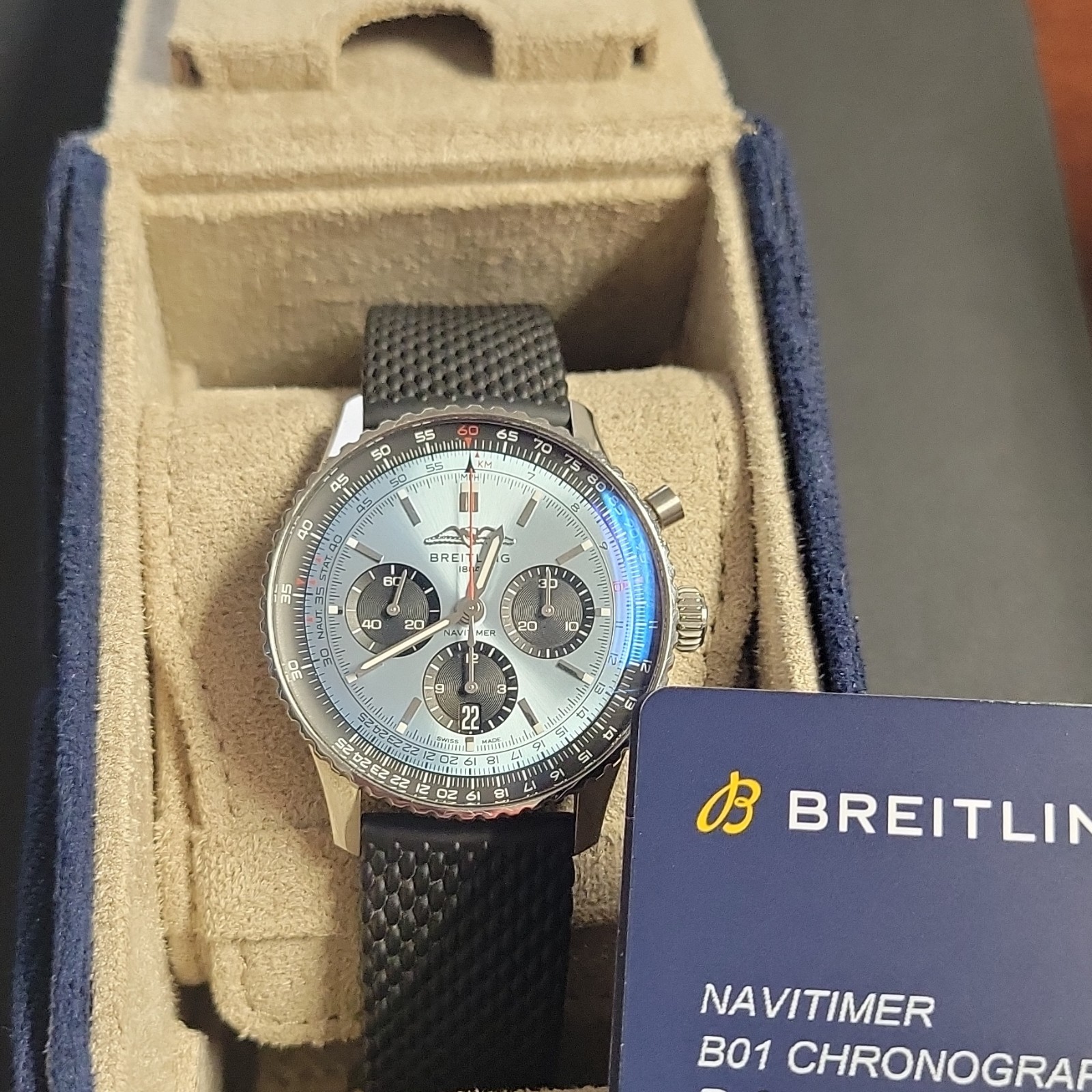 Breitling Navitimer B01 Chronograph 43mm Blue Dial Rubber Strap Box Papers