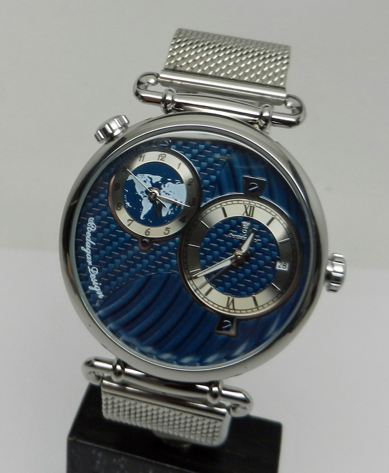 Men’s Dual Time 44mm Textured Blue Date Dial Stainless Steel Mesh Strap Watch