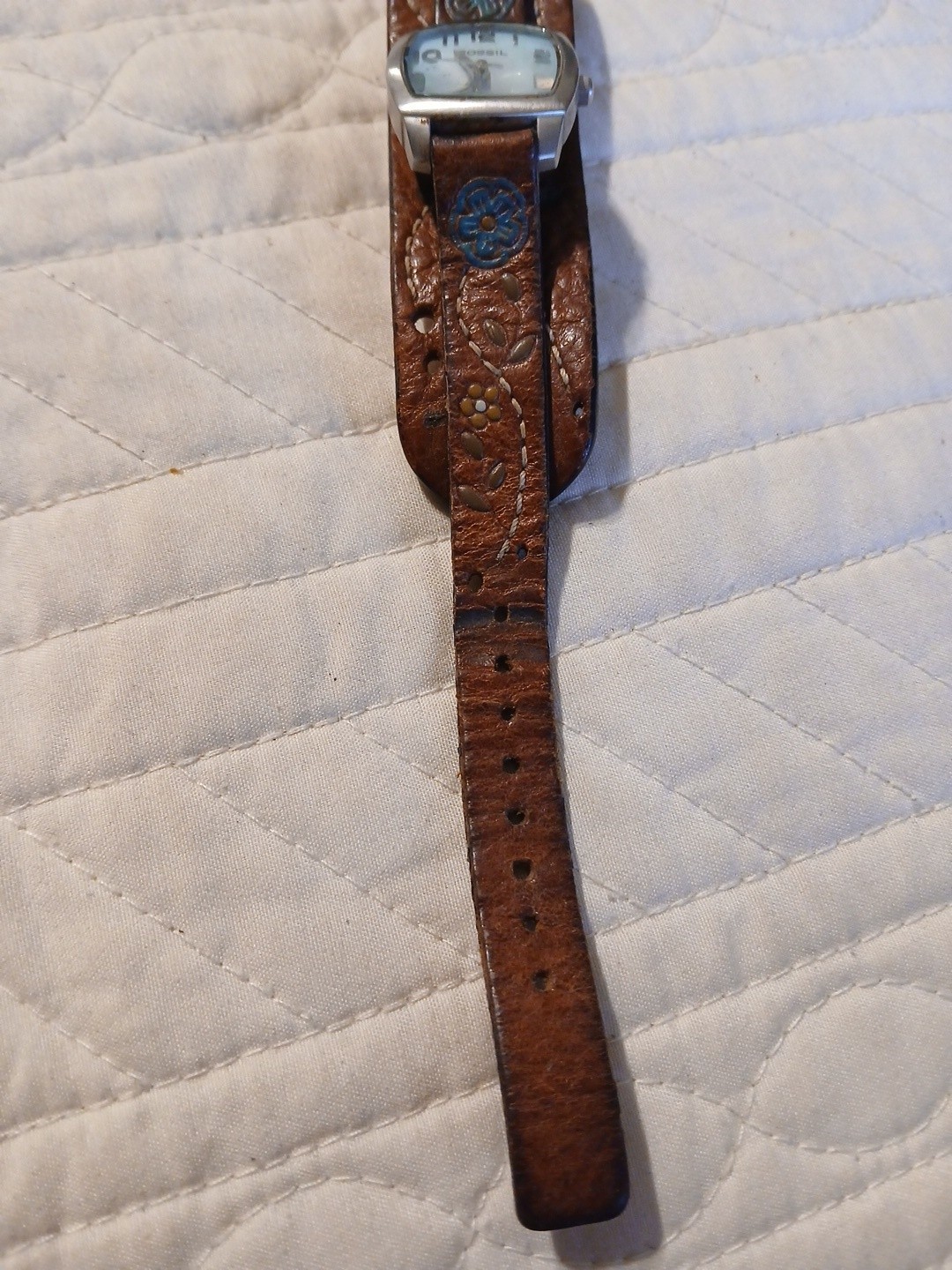 Fossil Blue Dial Square Case Brown Leather Wrap Watch Date
