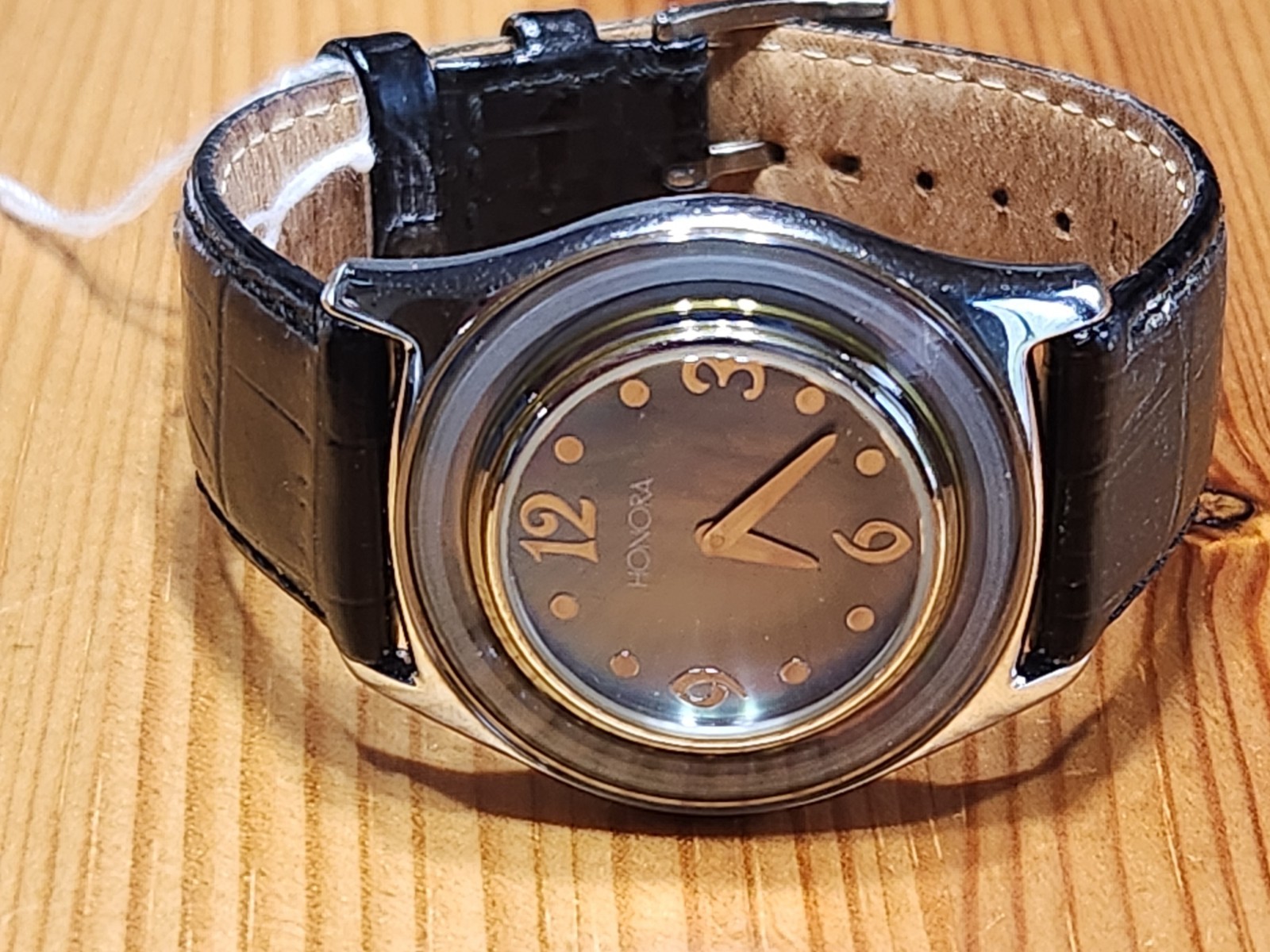 Honora Womens Watch Black Leather Mother of Pearl Dial Pearl Accents New Battery