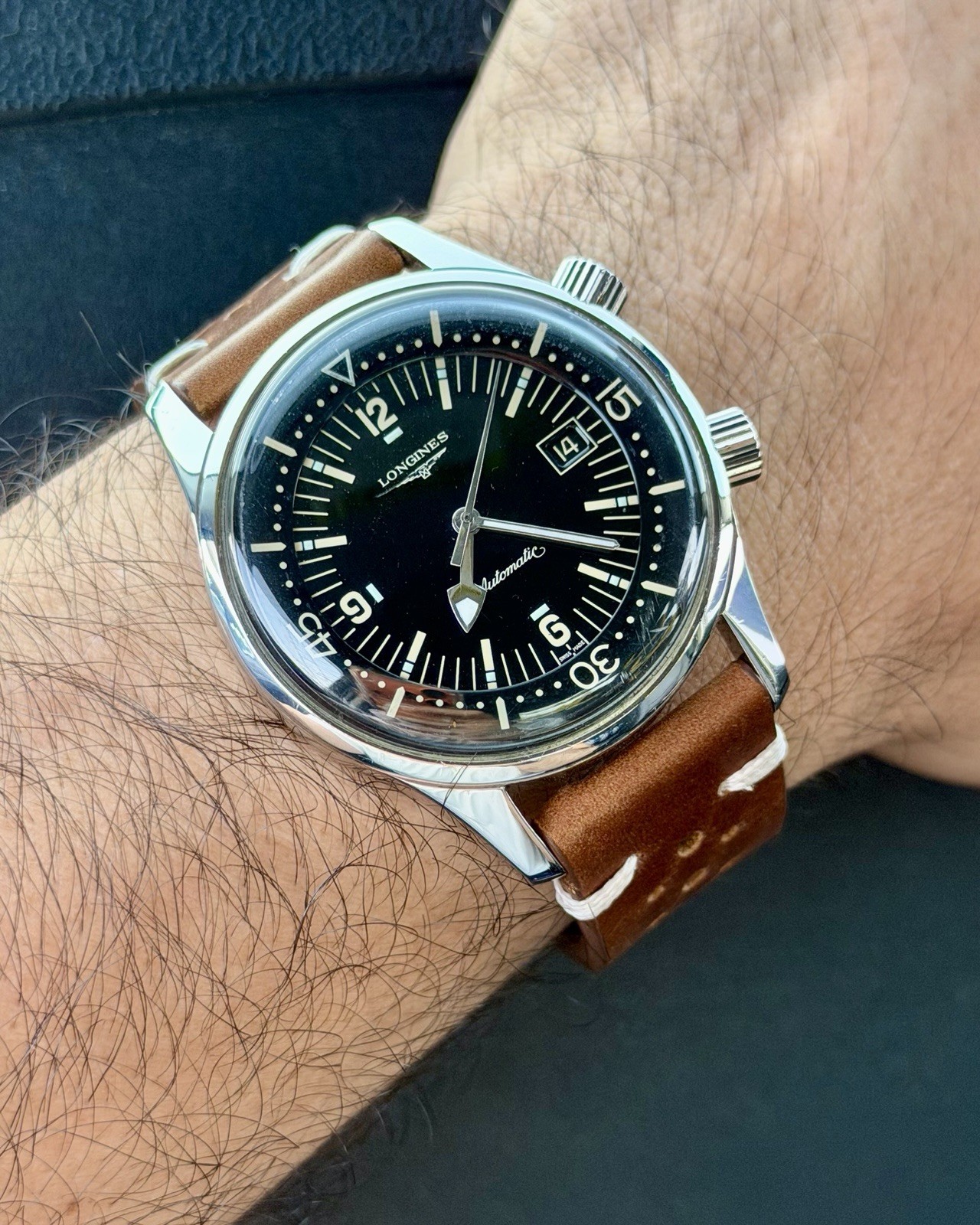 Longines Legend Diver Automatic Black Dial Date Brown Leather Strap Men’s